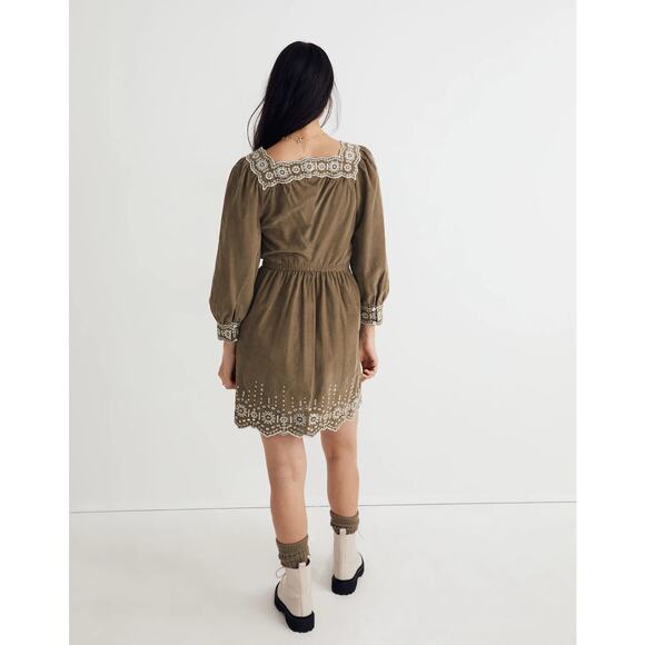Madewell Green + White Embroidered Corduroy Square Neck Boho Mini Dress - Medium - Picture 8 of 11